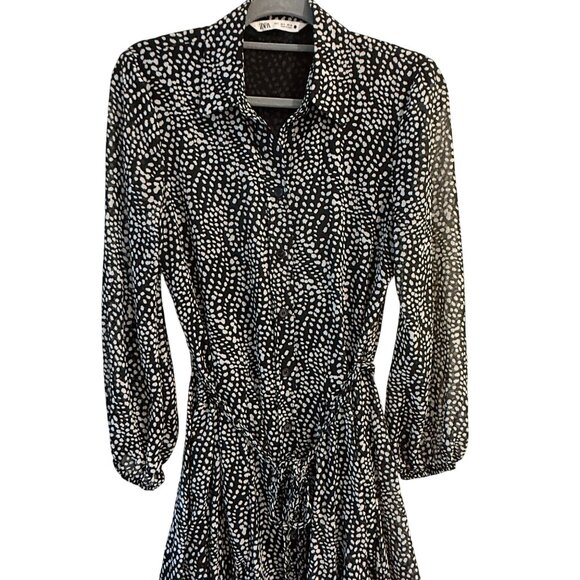 Zara Size S Black And White Polka Dot Flounce Mini Shirt Dress Long Sleeve - Picture 10 of 14